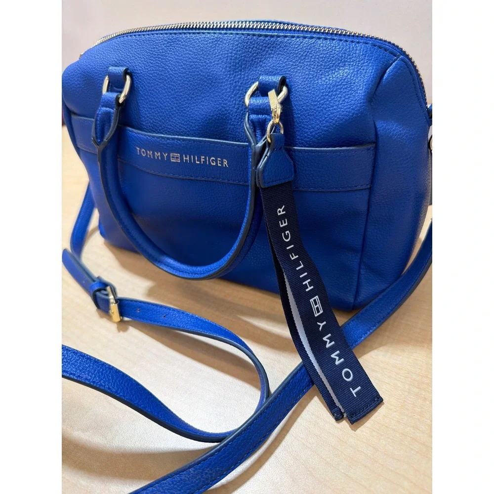 Tommy Hilfiger Blue Pebbled Satchel Crossbody Bag Gold Hardware Handbag
